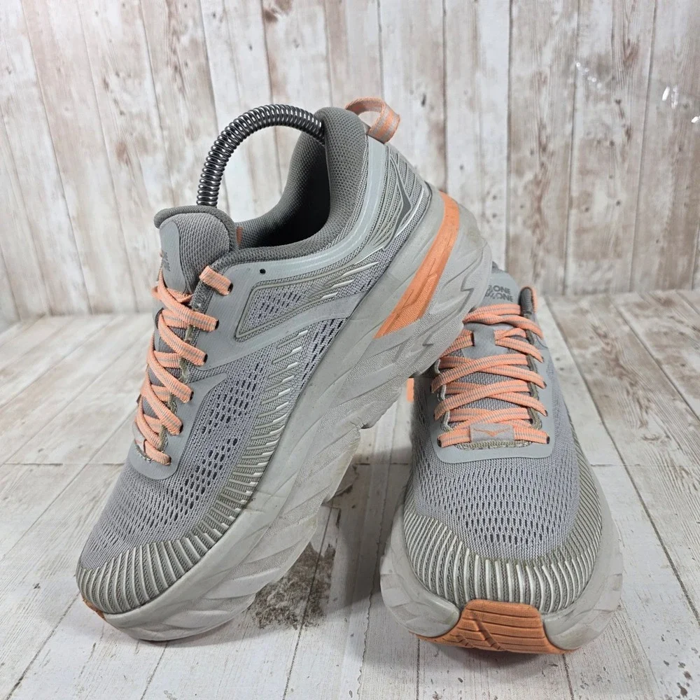 Hoka One One Bondi 7 Womens 7 Grey Orange Running Shoes 1110519 HMSH Harbor Mist